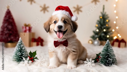  Puppy in Santa hat and burgundy bow tie sitting by Christmas tree