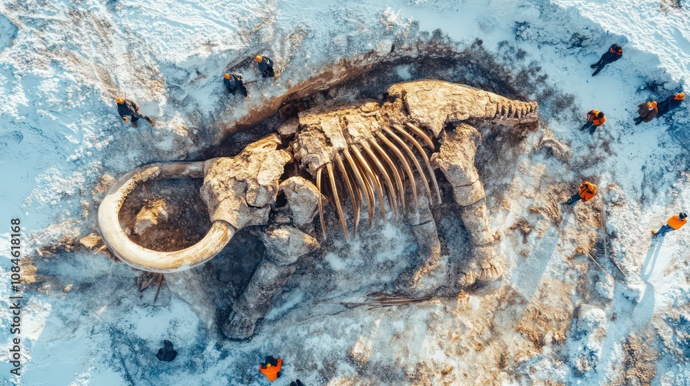 Aerial top view remains of mammoth lie in frozen ice, archaeological excavations Aerial top view remains of mammoth lie in frozen ice, archaeological excavations