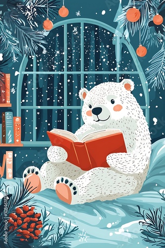 Cute vector illustration of a bear at home in the bedroom, reading a book. Illustration suitable for Christmas or New Year card, background, or poster. Winter fairy tale.