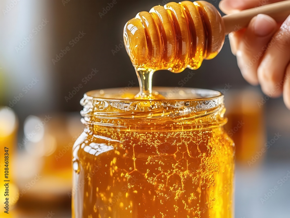 A closeup of hands filling jars with fresh honey, Honey Processing, Sweet and golden A closeup of hands filling jars with fresh honey, Honey Processing, Sweet and golden