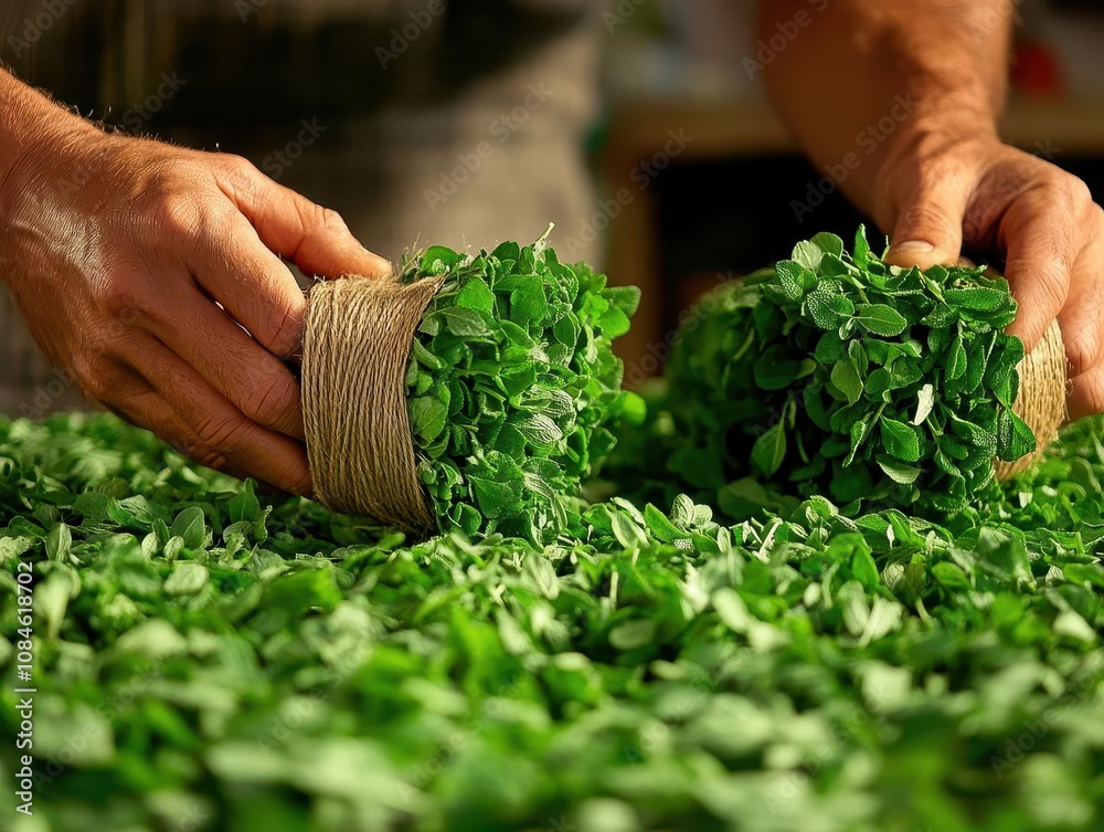 A closeup of hands tying twine on fresh herbs for drying, Herb Packaging, Aromatic and earthy