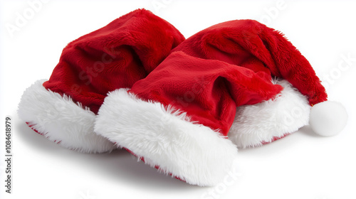 Two red Santa hats with white fur trim, one with a pom-pom..