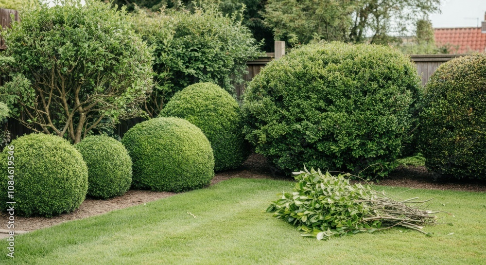 Trimmed hedges and bushes in well-maintained garden Trimmed hedges and bushes in well-maintained garden