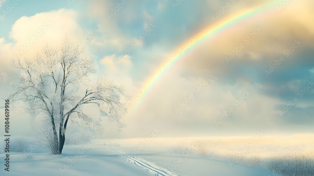 A serene winter landscape featuring a tree and a rainbow over a snowy field. A serene winter landscape featuring a tree and a rainbow over a snowy field.