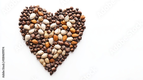 A heart shape formed using a variety of nuts, including almonds, cashews, walnuts, and hazelnuts, arranged neatly on a white background.
