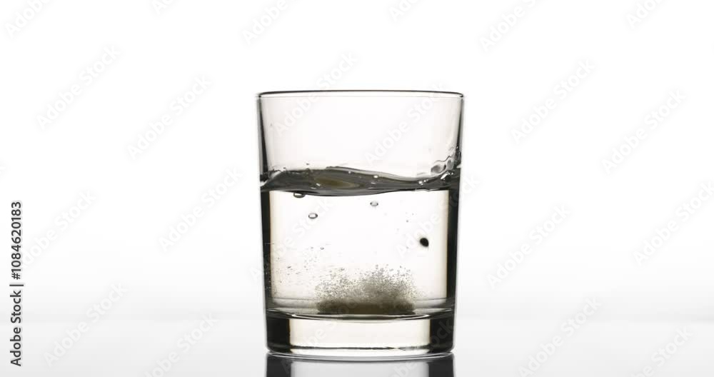A large tablet falling into a glass of transparent glass with water. Coloring water yellow, dissolving, aerating. Slow motion. A large tablet falling into a glass of transparent glass with water. Coloring water yellow, dissolving, aerating. Slow motion.