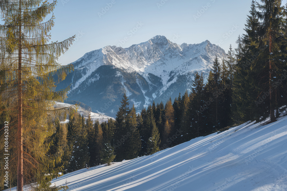 A stunning winter scene with towering snowy peaks, sunlit trees, and crisp shadows on fresh snow under a brilliant blue sky A stunning winter scene with towering snowy peaks, sunlit trees, and crisp shadows on fresh snow under a brilliant blue sky