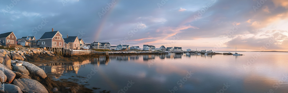 Serene coastal panorama showcasing houses, water, and a rainbow at sunset.