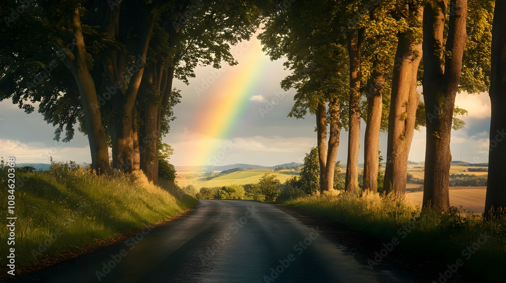 A scenic road lined with trees, leading to a rainbow over rolling hills. A scenic road lined with trees, leading to a rainbow over rolling hills.