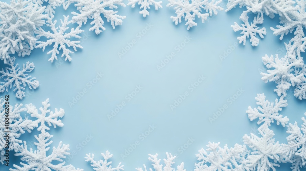 Pastel blue christmas background with snowflake border for text Pastel blue christmas background with snowflake border for text