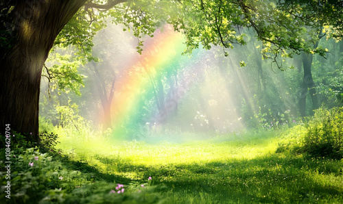 A serene forest scene featuring a rainbow and dappled sunlight through lush greenery.