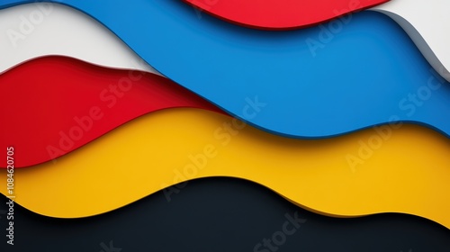 Abstract layered colorful waves in red, blue, yellow, white, and black tones.