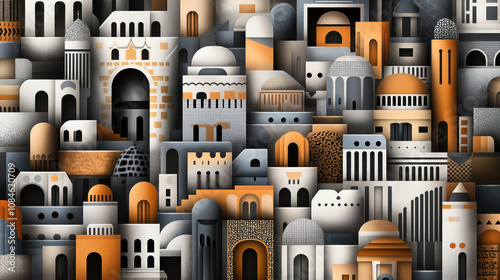 Panel kuchenny z motywem Abstract geometric cityscape with diverse architectural elements in muted orange, gray, and white tones featuring arches, domes, and towers against a textured background.
