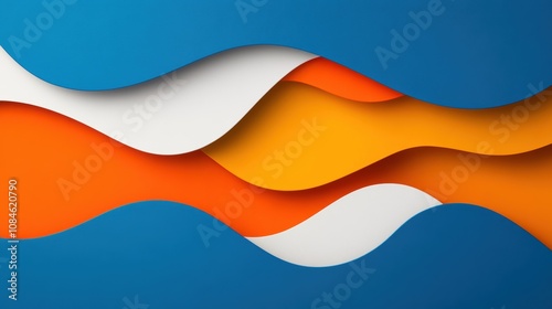 Abstract layered paper wave composition in blue, orange, white, and yellow colors.