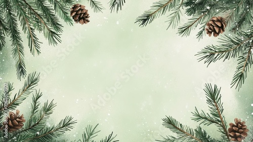 Pine branch frame holiday background in pastel green for text