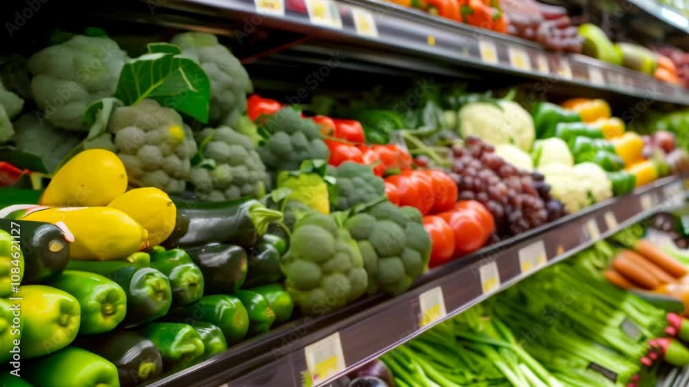 Colorful arrangement of fresh fruits and vegetables neatly stacked on shelves in a grocery store, offering a healthy and appealing selection for shoppers