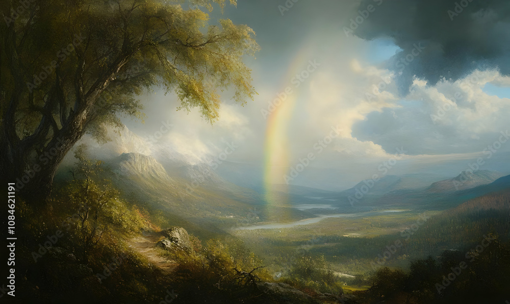 A serene landscape featuring mountains, a rainbow, and a tranquil river under a dramatic sky. A serene landscape featuring mountains, a rainbow, and a tranquil river under a dramatic sky.