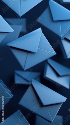Abstract blue envelopes floating on a dark background. Concept of digital communication,