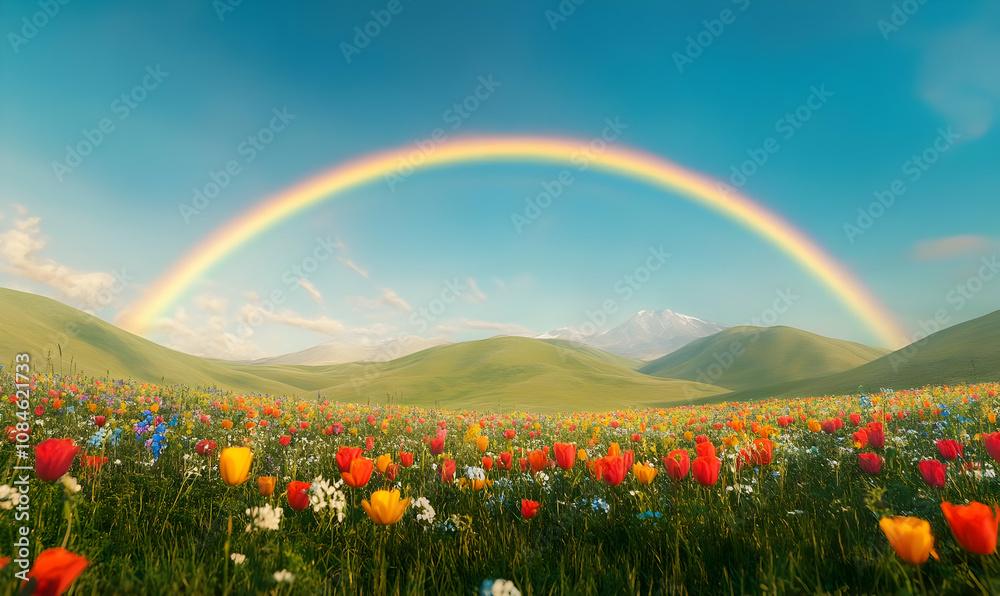 Naklejka premium A vibrant landscape featuring a rainbow over a field of colorful flowers and rolling hills.