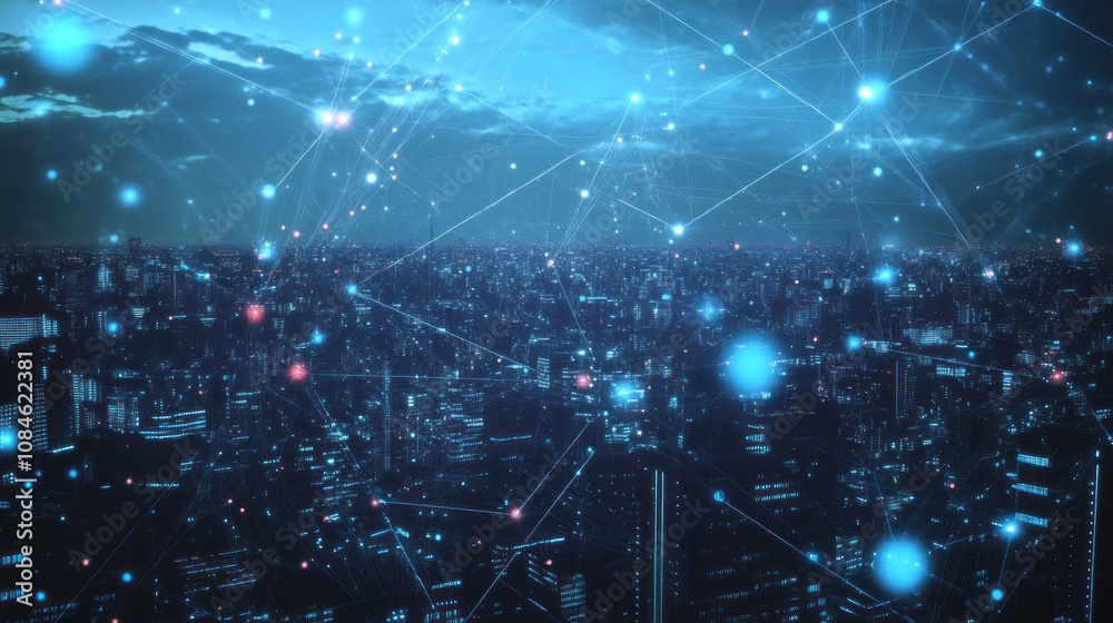 Obraz premium A Nighttime View of a Cityscape with Network Connections