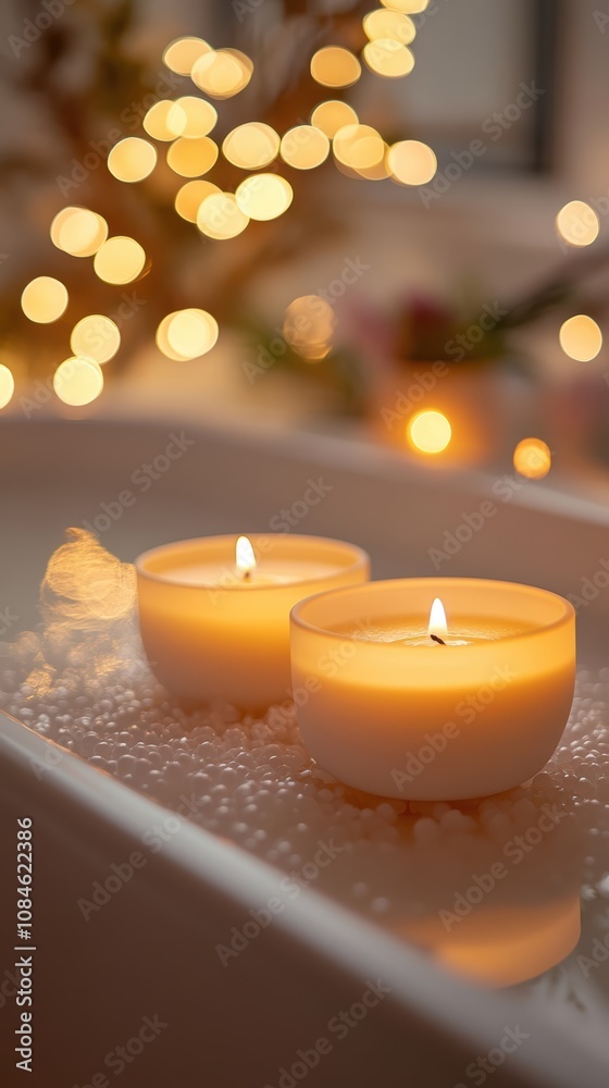 Aromatherapy candles in minimalist holders with soft bokeh lights Aromatherapy candles in minimalist holders with soft bokeh lights