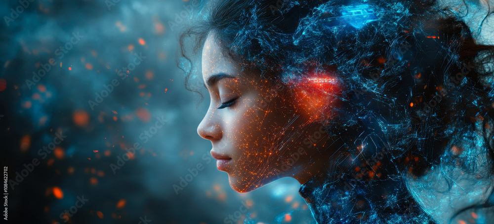Futuristic Woman Merging with Technology: Digital Transformation and Human Consciousness Futuristic Woman Merging with Technology: Digital Transformation and Human Consciousness
