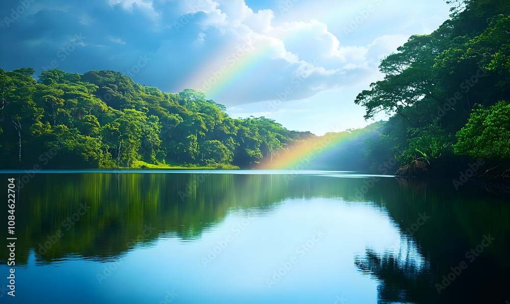 A serene river landscape with lush greenery and vibrant rainbows reflecting on the water. A serene river landscape with lush greenery and vibrant rainbows reflecting on the water.