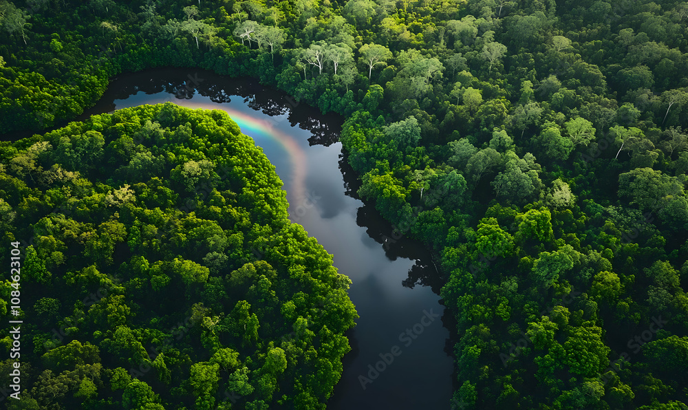 Aerial view of a winding river surrounded by lush green forest and vibrant vegetation. Aerial view of a winding river surrounded by lush green forest and vibrant vegetation.