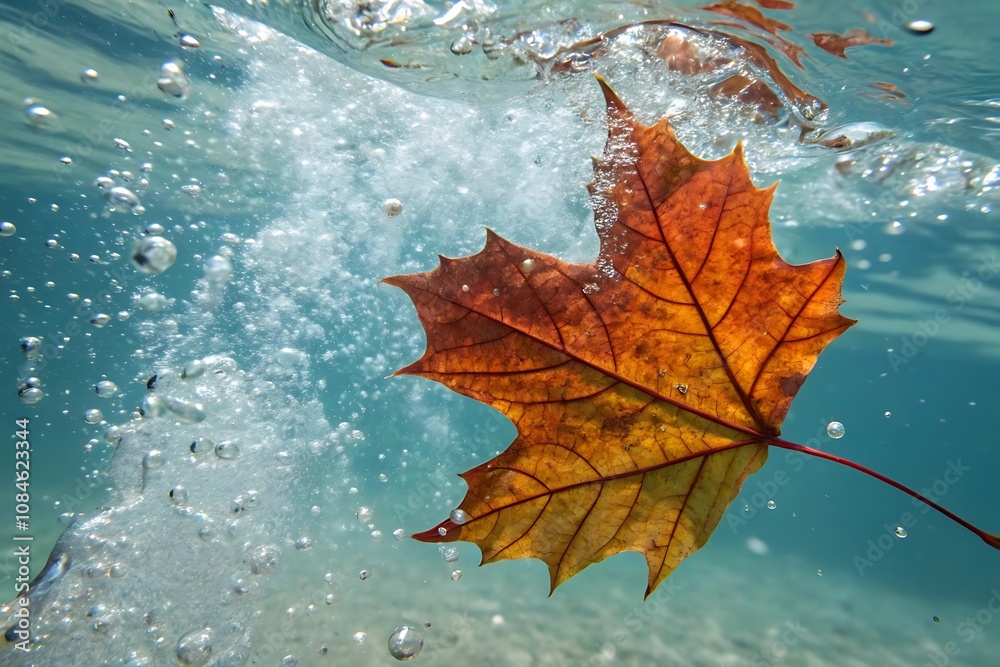 Autumn Maple Leaf Underwater with Bubbles, JPG, AI GENERATED Autumn Maple Leaf Underwater with Bubbles, JPG, AI GENERATED