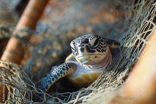 Sea turtle entangled in fishing net