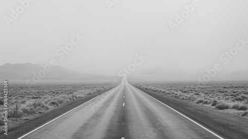 A long, straight road disappears into the fog in a desolate landscape.