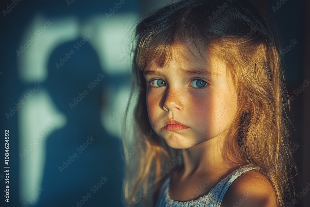 Little Girl Crying With Shadow Of Parents Arguing - Home Violence And Divorce Little Girl Crying With Shadow Of Parents Arguing - Home Violence And Divorce