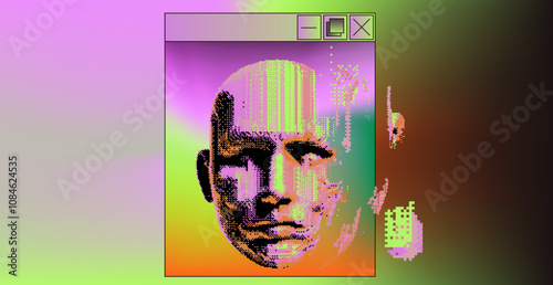 Vibrant vector illustration blending glitch art and surrealism, featuring a fragmented human face over a colorful gradient background, with pixelated text and retro computer window elements.