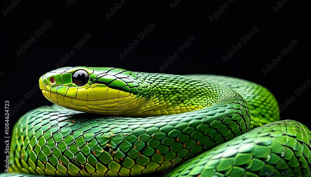 A close-up of a green snake with detailed scales and a black background. A close-up of a green snake with detailed scales and a black background.