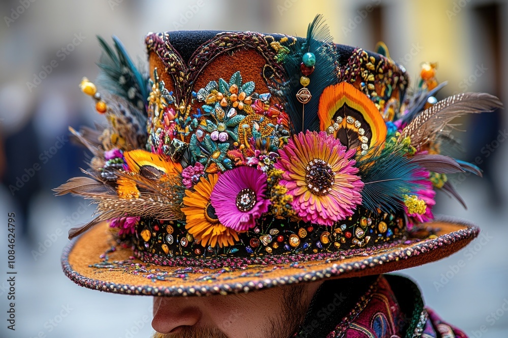 Obraz premium A Man Wearing a Elaborately Decorated Top Hat with Feathers and Flowers