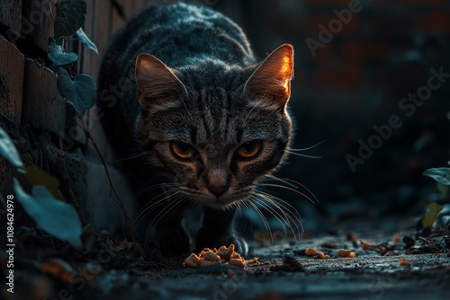 heartbreaking image of a stray cat searching for food in an alleyway at night