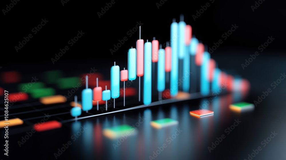 3D candlestick chart with glowing blue and red bars on a black reflective surface. 3D candlestick chart with glowing blue and red bars on a black reflective surface.