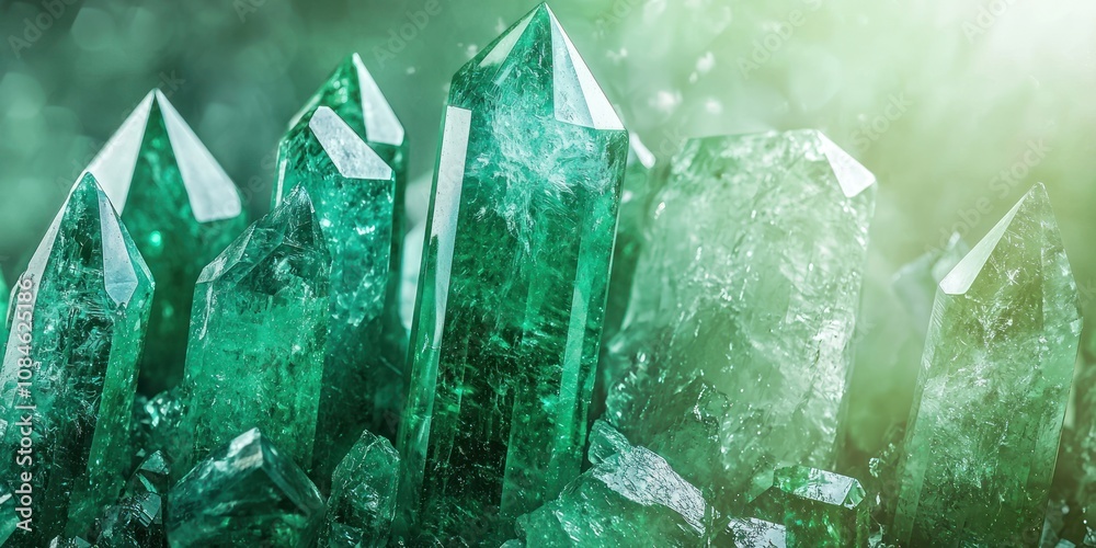 Fototapeta premium Close-up of a Cluster of Green Crystals with a Soft, Blurred Background