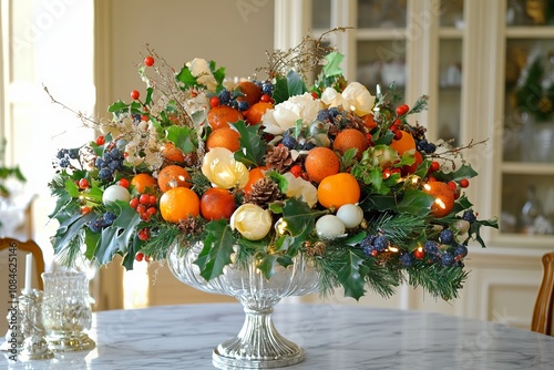 A vibrant still life arrangement of a large vase overflowing with oranges and assorted fruits. photo