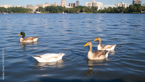 Ducks swim in the shallows of a lake with a cityscape in the background. photo