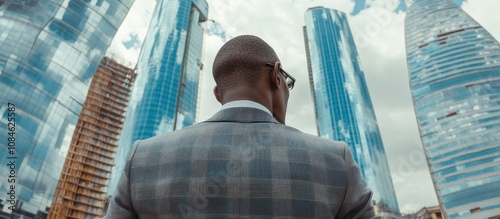 A Man in a Suit Facing Tall Glass Buildings photo