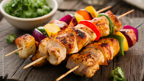 Chicken Kabobs: Grilled chicken kabobs with colorful vegetables, perfectly charred and served on skewers