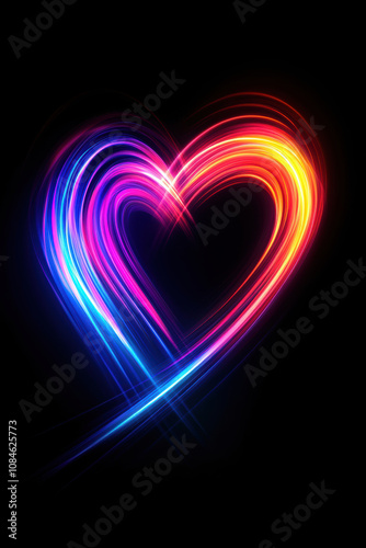 Bright neon heart with colorful light streaks