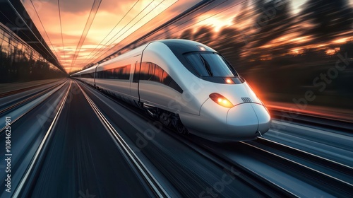 A sleek high-speed train zooming through a lush landscape, with blurred scenery emphasizing its speed and modern design, capturing the essence of efficient travel.