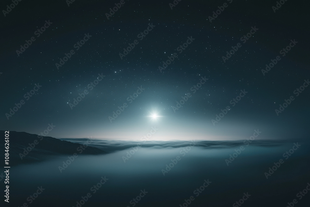 Serene night sky with a radiant star illuminating a misty landscape, symbolizing the Star of Bethlehem. Ideal for Epiphany, Three Kings Day, or spiritual and contemplative content Serene night sky with a radiant star illuminating a misty landscape, symbolizing the Star of Bethlehem. Ideal for Epiphany, Three Kings Day, or spiritual and contemplative content