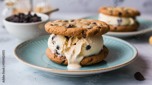 Chocolate Chip Ice Cream Sandwich: Homemade chocolate chip cookie ice cream sandwich with a gooey center