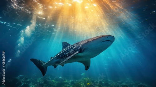 Wallpaper Mural A whale shark swims through the ocean with sunlight rays shining down on it. Torontodigital.ca