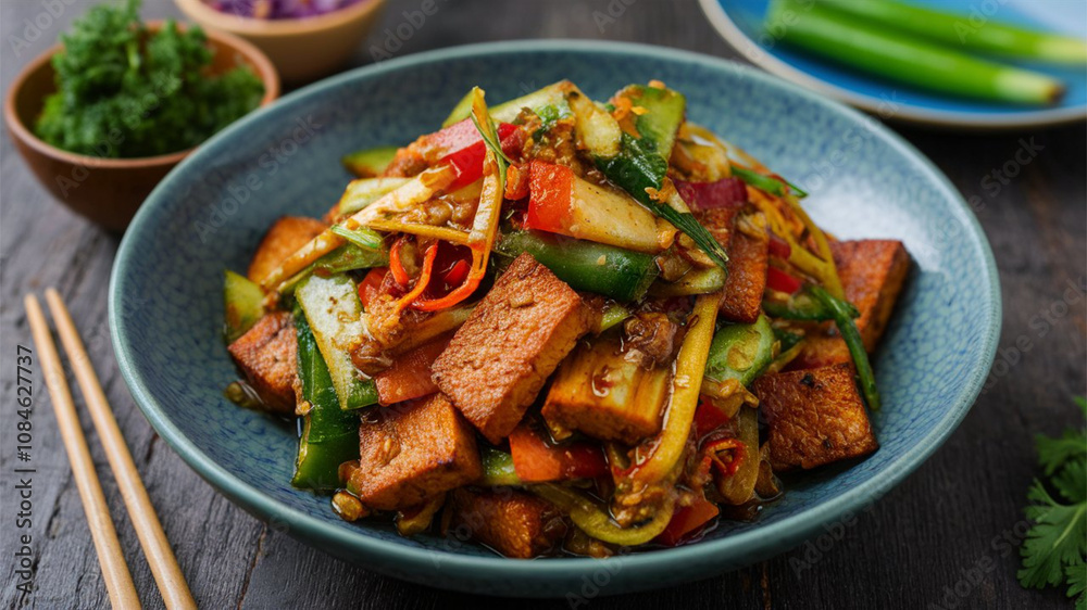 Tempeh Stir-Fry: Flavor-packed tempeh stir-fry with vibrant vegetables and a tangy sauce, showcasing a healthy Tempeh Stir-Fry: Flavor-packed tempeh stir-fry with vibrant vegetables and a tangy sauce, showcasing a healthy