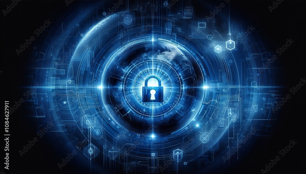 Obraz premium A photograph of a globe with a padlock in the center, surrounded by a network of glowing lines and symbols, representing the concept of global cybersecurity.