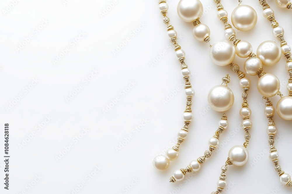 Obraz premium Elegant pearls and luxurious gold chains arranged on a pristine white background.